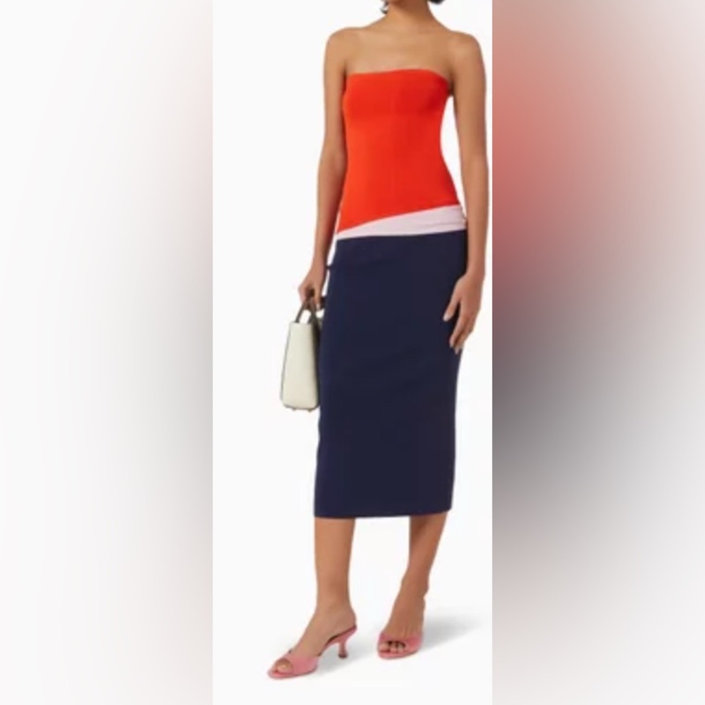 Size M STAUD Strapless Fitted Color Block  Midaxi Dress in Red, Pink, & Blue